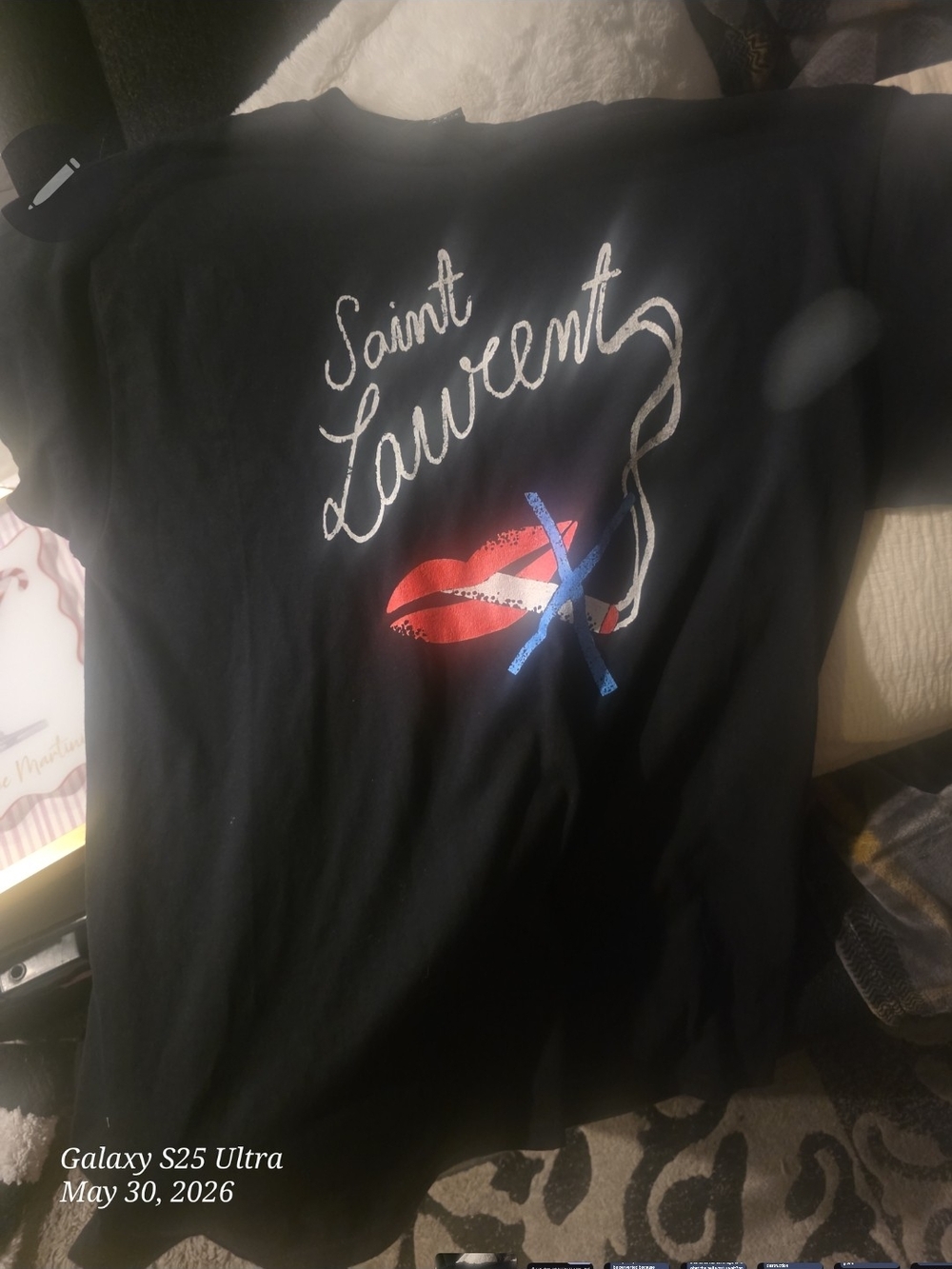 Saint Laurent Black Tee with Red Lips and Blue Cross